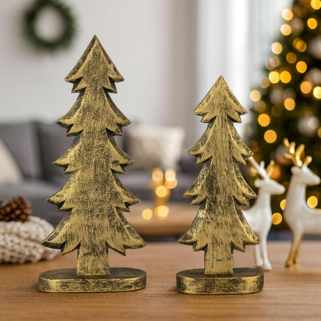 Mie Creations Christmas Tree Set of 2 Figurines, Xmas Rustic Decorations for Home, Living Room, Table Centerpiece, Mantel, Winter Indoor Elegant Decor, Vintage Gold Wooden Christmas Trees-12,10 inch