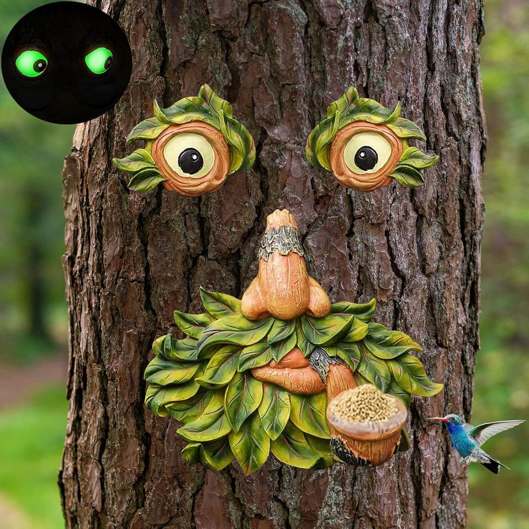 Tree Faces Decor Outdoor, Bird Feeders for Outdoors, Old Man Tree Face Art Statues Hugger- Glow Eyes in Dark, Funny Garden Patio Art Statue Decor (Green)