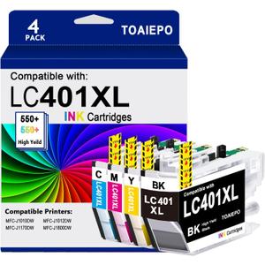 LC401XL Ink Cartridges Compatible for Brother Ink LC401 Cartridges Work with MFC-J1010DW MFC-J1012DW MFC-J1170DW MFC-J1800DW, 4 Pack