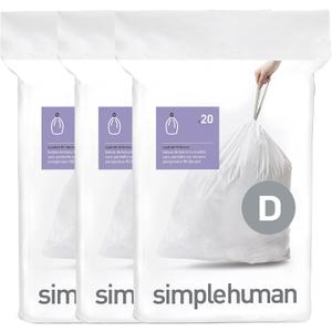 simplehuman Code D 60 Count, Dispenser Pack Custom Fit Liners, Drawstring Trash Bags, 20 Liter / 5.3 Gallon, White