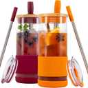 Pandaloo Glass Cups With Lids and Straws -20 Fl Oz- Perfect Size Iced Coffee Cup - Smoothie Cup With Bamboo Lid and On the go Lid - Glass Tumbler (2 Count (Pack of 1), Boysenberry-Autumn Gold)