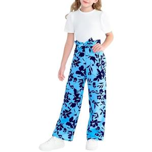 YOURUIKEY Girls Jumpsuits Puff Sleeve Leaves Wide Leg Romper Kids Summer Jumper Tween Girls Trendy Preppy Clothes, Size: 8Y