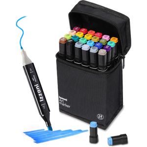 24 Colors Alcohol Markers Set, Dual Tip (Fine & Chisel) Coloring Markers, Permanent Art Drawing Marker for Kids Sketching Adult Coloring with Case and Holders (24 Colors - Black)