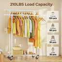 HYSEYY Double Rods Clothes Rack, Rolling Clothing Rack for Hanging Clothes Portable Wardrobe Rack, Metal Garment Rack Sturdy Coat Rack for Bedroom Laundry Living Room, White