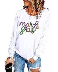 SELINK Womens Mardi Gras Sweatshirt Oversized Crewneck Sequin Long Sleeve Casual Pullover Tops White Sequined-XL