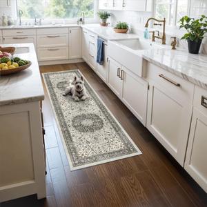 Hallway 2x5 Washable Runner Rug: Oriental Stain Resistant Kitchen Entryway Rugs Farmhouse Ultra Soft Bathroom Bedroom Print Floor Mat Thin Non Slip Indoor Carpet for Living Room Laudry (2x5, Grey)