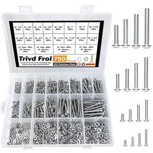 Trivd Frol 750PCS #2-56#4-40#6-32#8-32 Phillips Pan Head Screws Bolt Nut Flat Washers 304 Stainless Steel Machine Screws Nuts Washers Assortment Kit (#2-56#4-40#6-32#8-32)