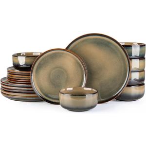 TheTerra Ceramic Dinnerware Sets for 6, 18 Pieces Handmade Reactive Glaze Plates and Bowls Set, Scratch Resistant Dish Set, Oven & Microwave & Dishwasher Safe, Coca Mocha