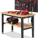 Adjustable Height Work Bench 48 x 20 Workbench for Garage Work Table with Under Table Shelf for Shop Woodworking, Heavy Duty Rubber Wood Top for Office, Home, Commercial