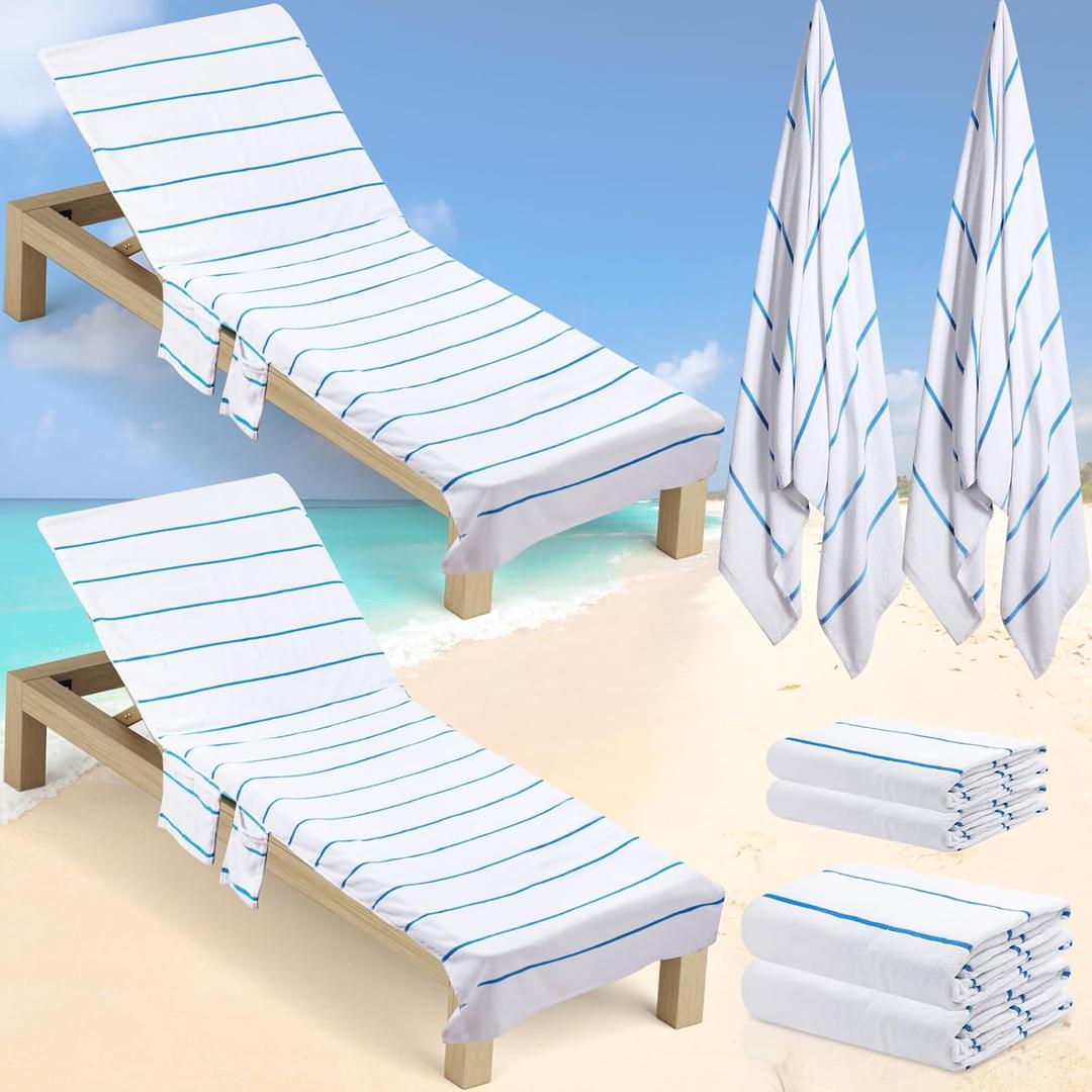 Redbaker 4 Pack Pure Cotton Pool Chair Cover and Beach Towel Set Stripe Lounge Chair Towel Covers with Top and Side Pockets Oversized Beach Chair Towel for Sunbathing Pool Lawn Patio (Blue)