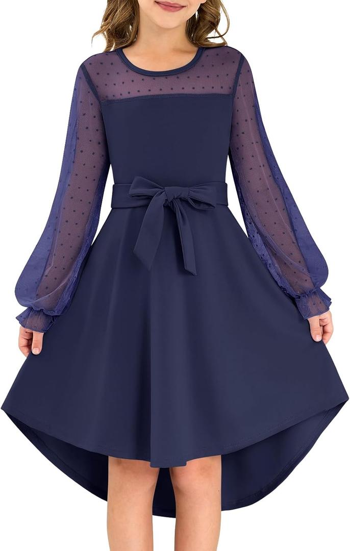 grewley Girls Dresses Puff Long Sleeve Mesh A Line Casual Formal Party Dresses Belted Dress with Pockets (11-12 Years)