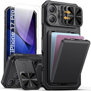 SSLOTSCASE for iPhone 17 Pro Case with 2X Screen Protector, Credit Card Holder & Kickstand & Slide Camera Lens Cover, Silicone Edge Rugged Heavy Duty Phone Case Cover for iPhone 17 Pro 6.3'', Black
