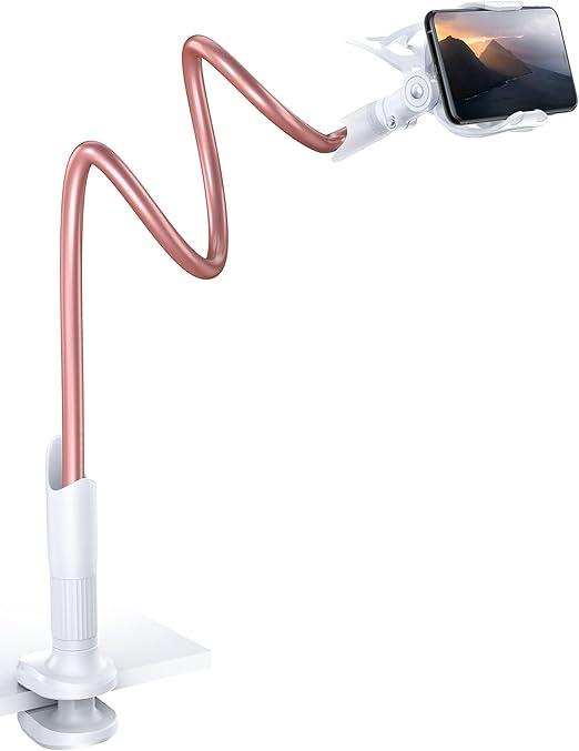 Lamicall Phone Holder Bed Gooseneck Mount - Cell Phone Clamp Clip for Desk, Flexible Lazy Long Arm Headboard Bedside, Overhead Mount Stand, for 4-7" Phone, iPhone 15 Pro Max, 14 Plus, 13, Rose Gold