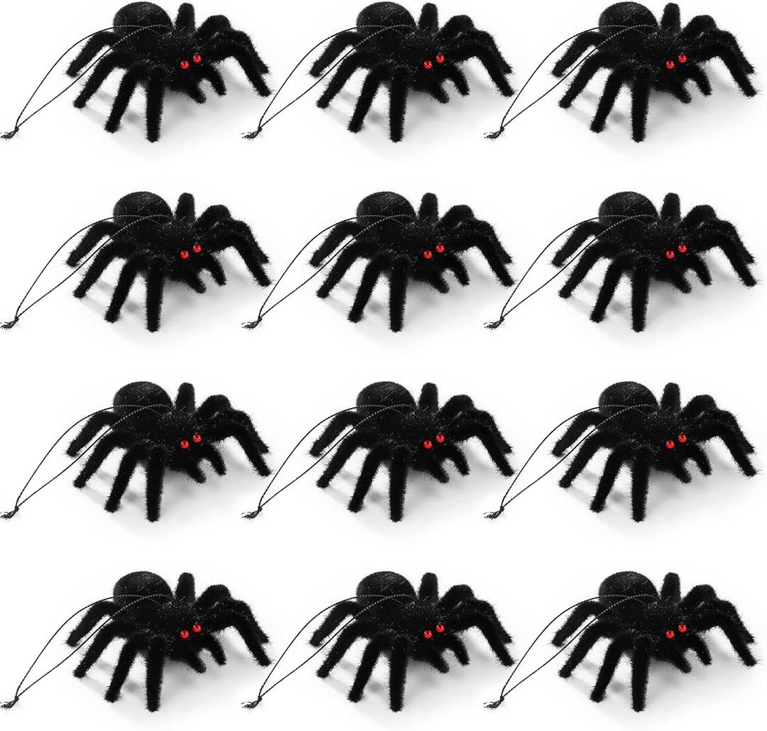 12 Pcs Halloween Spiders Decorations 3D Realistic Hairy Spiders Ornaments Halloween Tree Decorations Scary Creepy Fake Spider Table Wall Hanging Props for Haunted House Indoor Outdoor Party