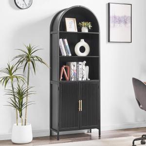 Arched Bookcase Book Shelf with Doors, 5 Tier Tall Display Bookshelf Cabinet with Storage, Industrial Floor Standing Bookshelves Open bookcases for Home Office, Living Room(Black)