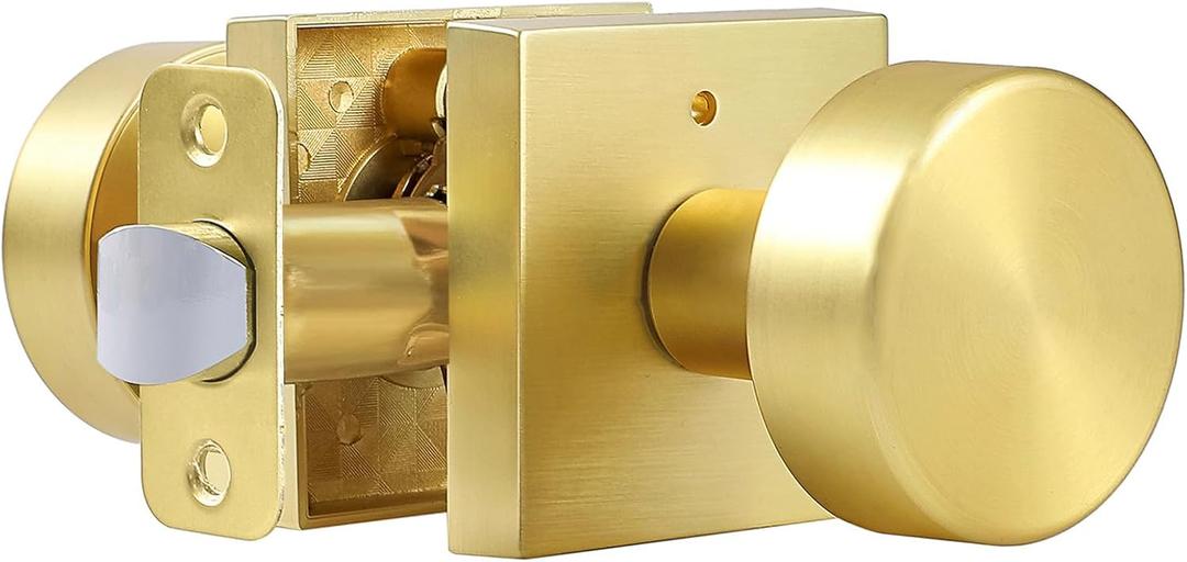 coolnews Gold Door Knobs Interior, Privacy Door Knob with Lock, Heavy Duty Square Modern Door Handle for Bedroom Bathroom, Satin Brass