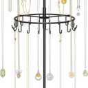 iDavosic.ly 2 Tier Rotating Necklace Organizer with Jewelry Tray, Adjustable Metal Necklace Holder with 42 Hooks, Extra Tall Bracelet Keychain Spinning Display Stand Tree Tower for Women, Black