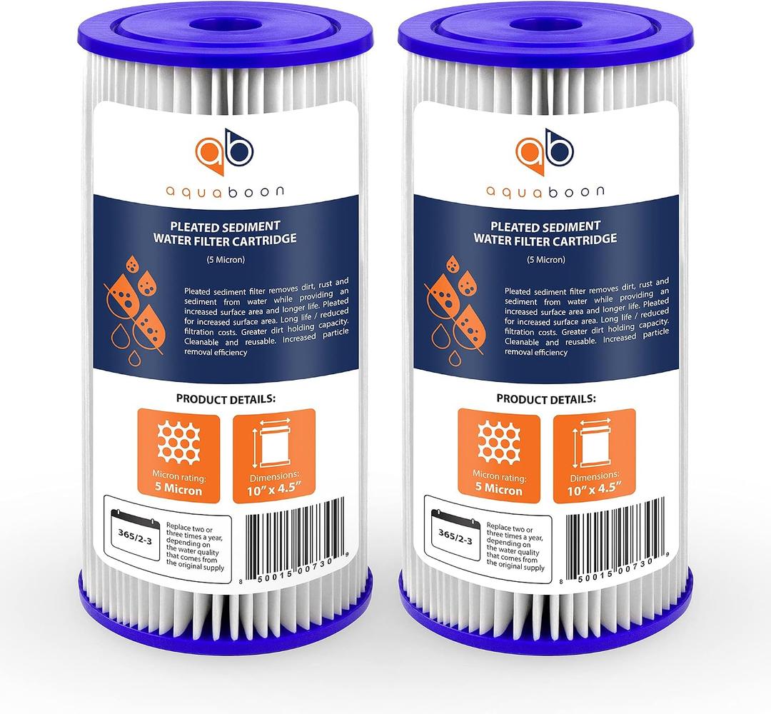 Aquaboon 5 Micron Pleated Sediment Water Filter 10 x 4.5 Cartridge - Whole House Water Filter Replacement - Whole House Water Filters Cartridges Compatible with Well Filters FXHSC, R50-BBSA, 2-Pack