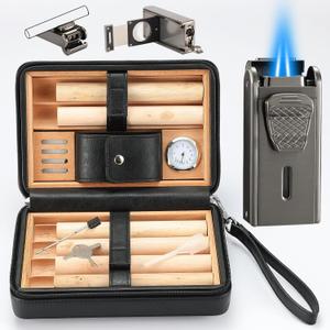 Leather Cedar Wood Case and All in One Double Jet Flame Torch Lighter Set, Built-in Cutter, Punch and Holder Function, Travel Box with Hygrometer, Draw Enhancer Tool, Gifts for Men.