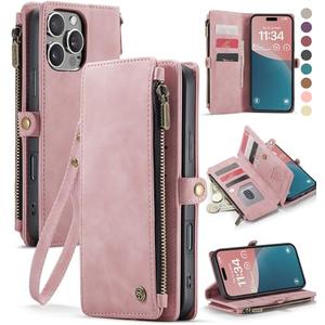 Defencase Compatible with iPhone 16 Pro Case Wallet with RFID Blocking Card Holder for Women Men, PU Leather Magnetic Snap Flip Zipper Strap Wallet Phone Case Fit for iPhone 16 Pro 6.3", Rose Pink