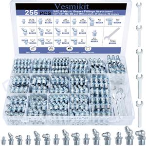 255PCS Grease Fittings Assortment,SAE & Metric Grease Zerk Fittings 1/4" 1/8" M6 M8 M10 straight 45 90 degree with Wrench Kit(7-11mm) for Grease Gun,Fit Tractor Vehicle Excavator Trailer Equipment