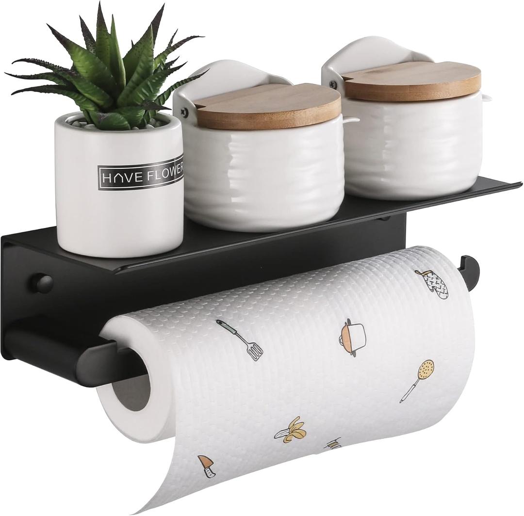Paper Towel Holder Wall Mount for Kitchen, Self-Adhesive Paper Towel Holder with Shelf for Bathroom, Anti-Rust Aluminum, No Drill or Wall-Mounted with Screws (Black)