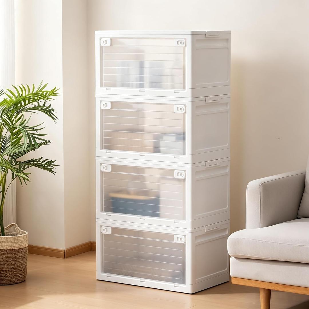 SOBIBO 4-Tier 101QT Stackable Storage Bins with Lid, Doors & Wheels, White | 101QT Capacity Per Tier, Double Doors, Collapsible, Pressure-resistant Plastic, Ideal for Garments, Books, Daily Supplies