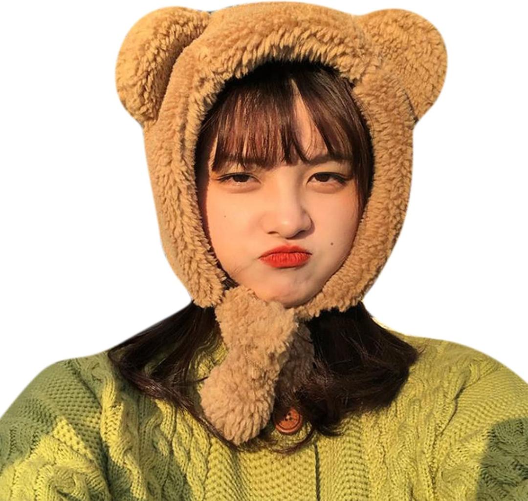 ANKOMINA Winter Cute Bear Ear Warm Hat Women Plush Earflap Beanie Hat Kids Girls Windproof Skull Cap (One Size, Khaki)
