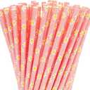 Whaline 100Pcs Daisy Flower Drinking Straws Pink Flowers Disposable Paper Straws Groovy Floral Decorative Straw for Spring Summer Birthday Baby Shower Party Supplies Juices Shakes Cocktail Decoration