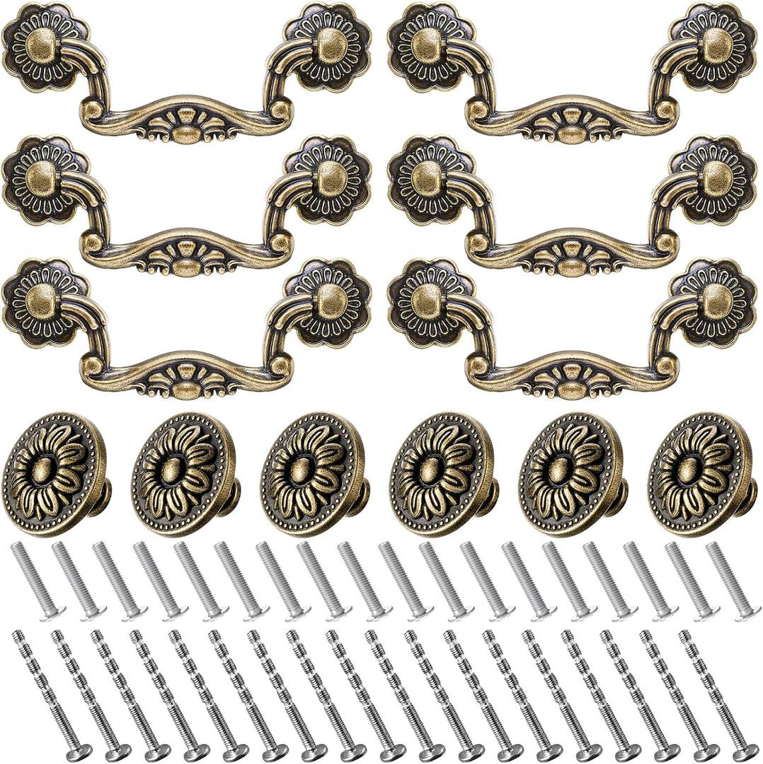 12 Pcs 3" Bail Handle Drop Pulls and 1.38" Vintage Flower Shape Cabinet Drawer Knobs Antique Bronze Cabinet Pull Handles with Screws for Drawer Dresser Closet Wardrobe (Floral Style)