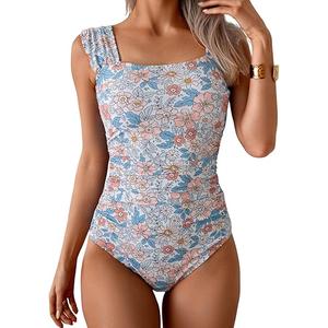 B2prity Womens One Piece Swimsuit Retro Square Neck Tummy Control Bathing Suits Ruched Modest Full Coverage Swimwear (X-Large)