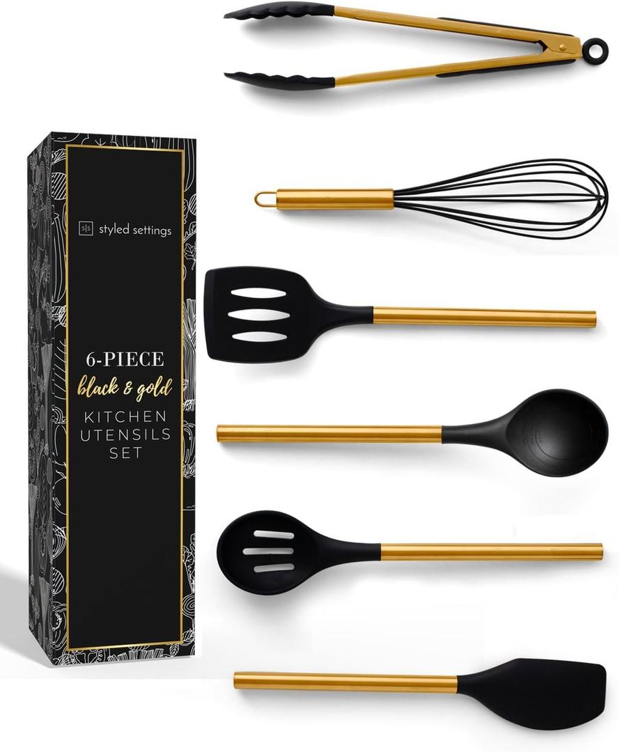 Black and Gold Kitchen Utensils Set - 6-PC Silicone Utensils Set Include Tongs, Whisk, Serving Spoon, Spatula, and Turner for Stylish Cooking and Baking - Black and Gold Kitchen Accessories and Decor
