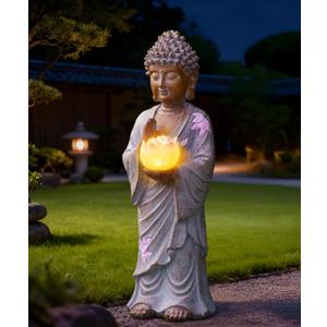 Nacome Solar Buddha Garden Statue Decor: Resin Zen Decor Waterproof Sitting Figurine with Lotus Flower Light Design for Outside Patio Lawn Yard Balcony - 11 inches(White)