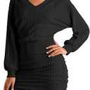 SOLY HUX Women's V Neck Long Sleeve Mini Dress Knit Bodycon Going Out Fall Dresses, L, Black