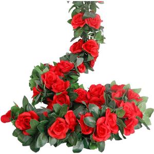 LESING Rose Garlands Artificial Rose Vines, 4PCS(28.8FT) Fake Silk Flower Vines with Greenery Plants for Wedding Hanging, Home Office Arch, Garden Decoration (Red) (Red)