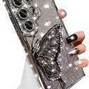 Changjia for Samsung Galaxy S26 Ultra Glitter 3D Butterfly Case,Cute Luxury Bling Sparkly Diamond Rhinestone Liquid Flowing Case with Camera Lens Protector Women Girl Cover for Galaxy S26 Ultra,Silver