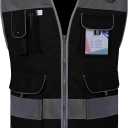 TCCFCCT Safety Vest for Men Women, 9 Pockets High Visibility Reflective Safety Vest, Hi Vis Construction Vest with Reflective Strips, Meets ANSI/ISEA Standards, (Black, Small) (Black Fabric-bison 001)