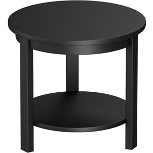 Solid Wood Round Table with Storage Shelf, 22" W x 20" H, Mid Century Modern Wooden Coffee/End/Side Table for Bedroom Living Room, Black