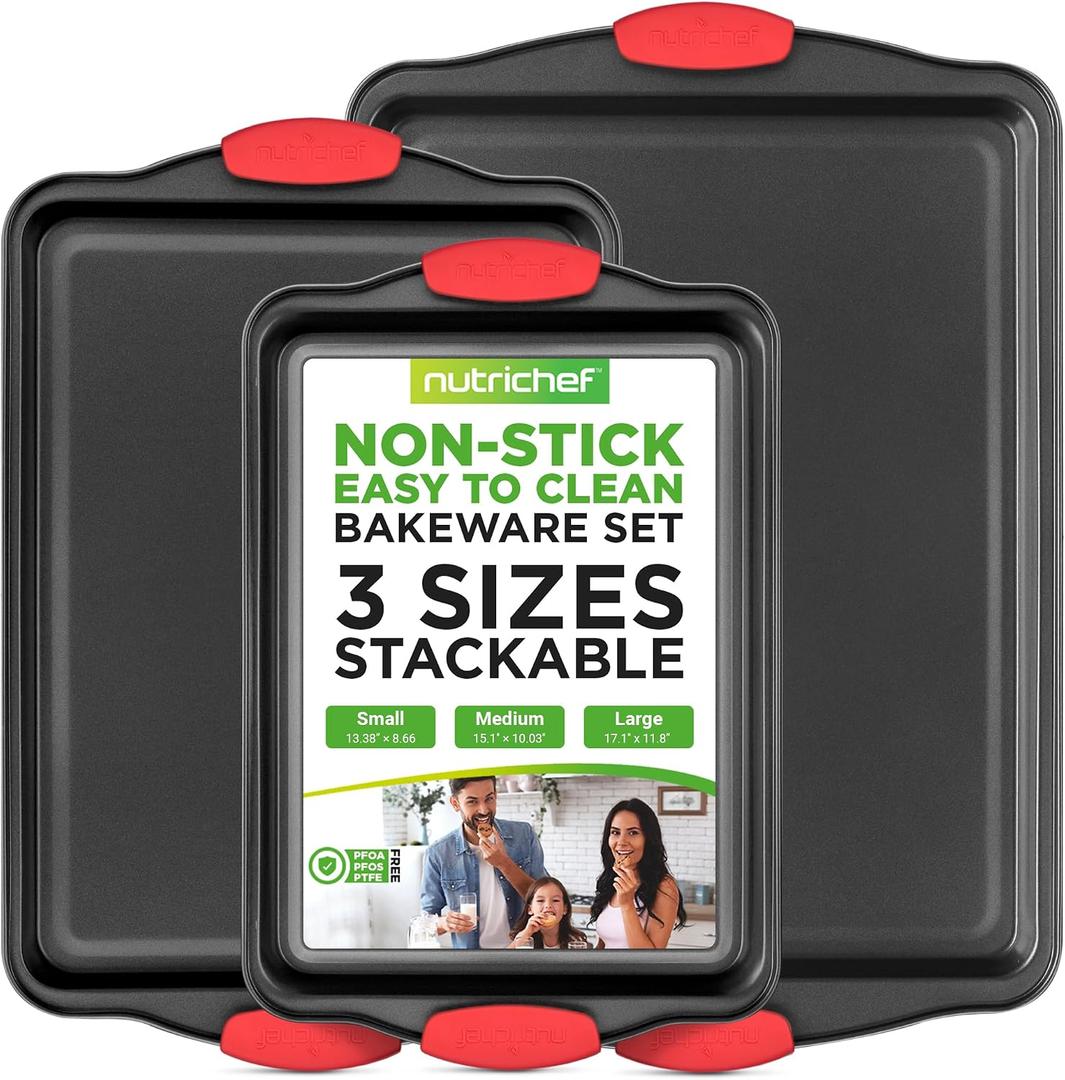 NutriChef 3-Piece Nonstick Kitchen Oven Baking Pans - Premium & Stylish Non-Stick Steel, Commercial Grade Restaurant Quality Metal Bakeware with Red Silicone Handles - Easy to Clean, NCSBS3S, 3-piece Set