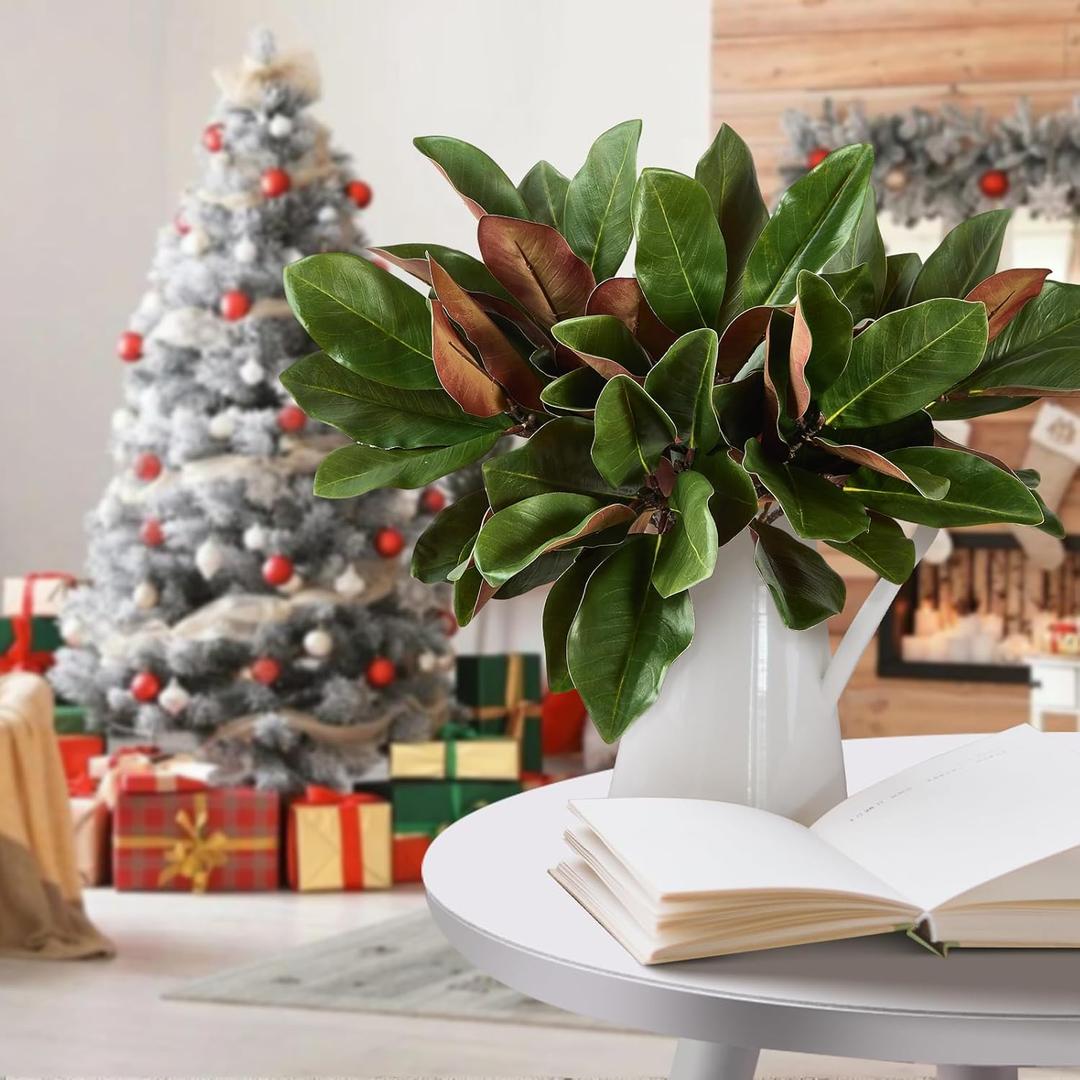 4 Pcs Magnolia Artificial Leaves Branches 22 Inch 3D Real Touch Faux Magnolia Stems Fake Magnolia Twigs for Indoor Outdoor Vase Filling Home Wedding Floral Arrangement Decoration