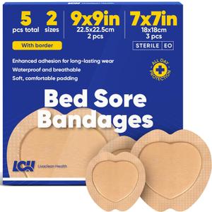 5 CT Mixed Bed Sore Bandages - 7"x7" & 9"x9" Waterproof Sacral Foam Dressing for Pressure Sores - Sterile Silicone Bandages for Wounds - Bed Sore Protectors
