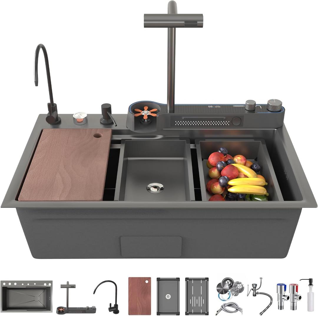 33x22x10 In Black Smart Kitchen Sink Digital Display Ambient Light Multifunction Waterfall Kitchen Sinks 8 Gauge Metal Black Stainless Steel Single Bowl Workstation Sink With Soap Dispenser