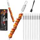 SHIKORI Kabob Skewers,15 inch Metal Skewers for Kabobs with Push Bar Skewers for Grilling, Stainless Steel Flat BBQ Skewers for Meat (12-Pcs)