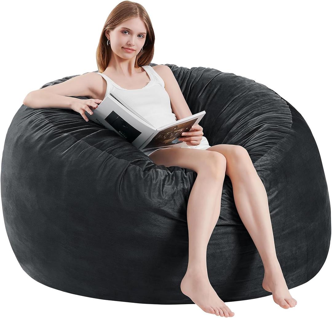 Bean Bag Chairs for Adults - Memory Foam Furniture Bean Bag Chair - Kids/Teens Sofa with Soft Microfiber Cover - Round Fluffy Couch for Living Room Bedroom College Dorm - 4 ft, Carbon Black, Large 