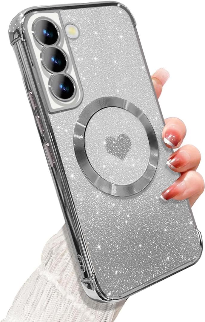 ZONRW for Samsung Galaxy S21 Case Magnetic,for Women Girl Soft Luxury Plating Bling Gradient Glitter Cute Heart Cover Compatible with MagSafe Clear Shockproof Protective Phone Case 6.2-Silver