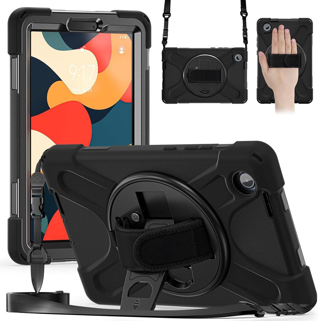 Rantice Case for Lenovo Tab One 8.7 inch 2025 / Lenovo Tab K9 (TB305FU), Heavy Duty Rugged Shockproof Drop Protection Case with 360 Stand & Hand Strap & Shoulder Strap (Black)