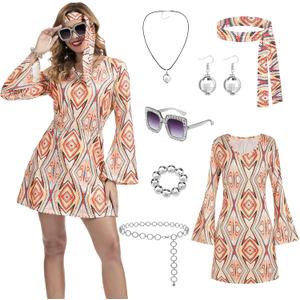 70s Disco Outfits for Women, 7 Pcs 60s Outfits Hippie Costume Women Accessories Jewelry Prom Bling Dress (X-Large, Orange)