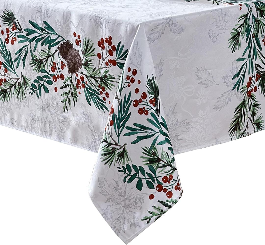 Elrene Home Fashions Holly Berry Flourish Holiday/Christmas Wrinkle Resistant Fabric Rectangle Dining Tablecloth, 60"x144"
