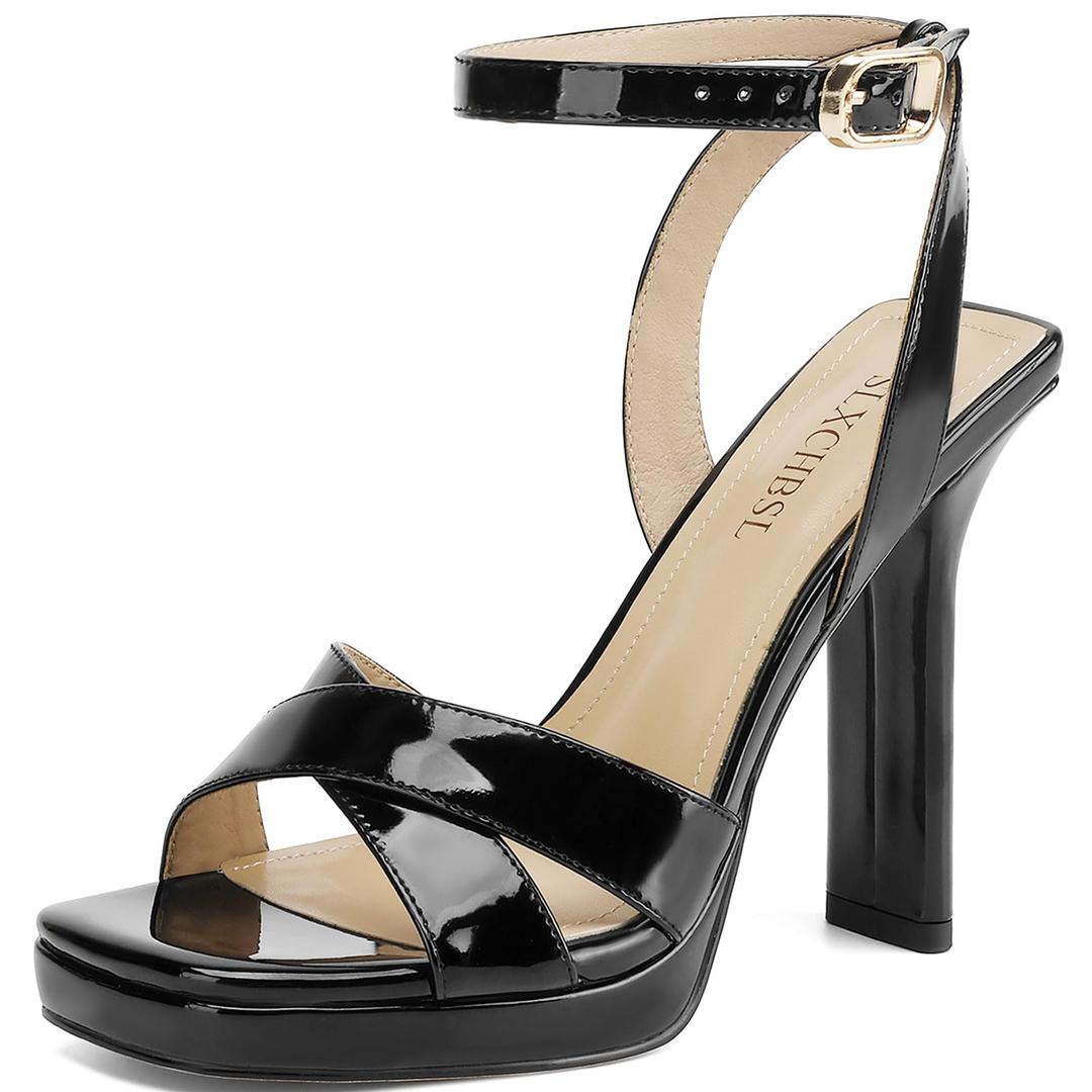 SLXCHBSL Heels for Women Platform Sandals Womens Chunky High Heels Open Toe Heeled Sandals Ankle Strap Womens Wedding Party Dress Shoes Black 10 (Black)