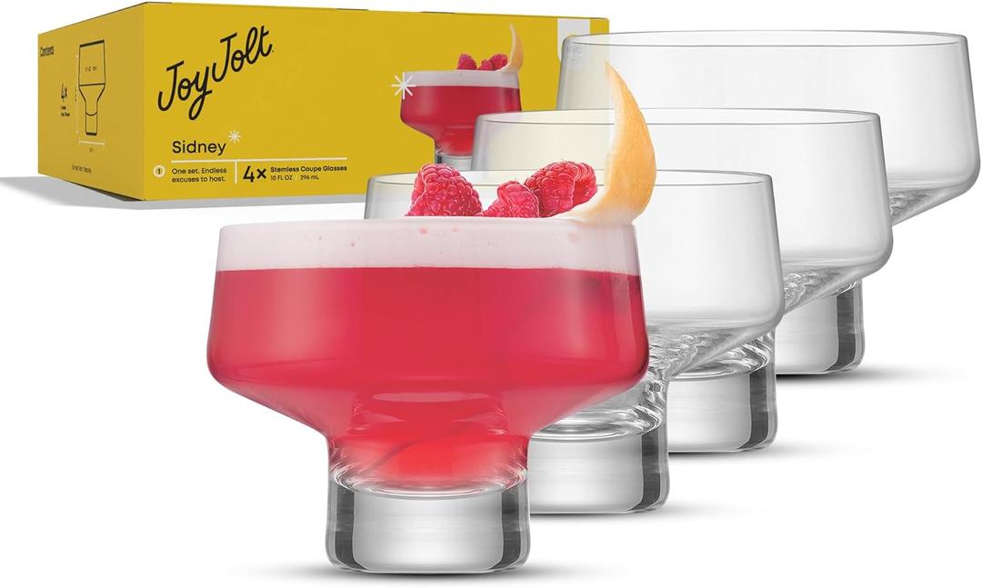 JoyJolt Sidney Stemless Coupe Glasses Set of 4 | 10oz Cocktail Glasses for Espresso Martini, Margarita, Manhattan, Champagne, Daiquiri, Cosmopolitan | Premium Crystal Made in Europe